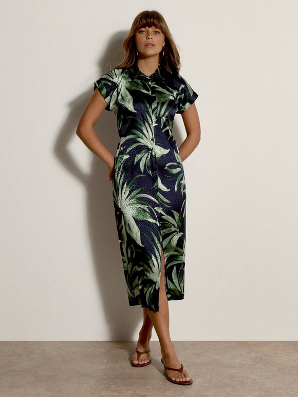 Tropical Leaf Satin Shirt Midi Dress, Navy, large