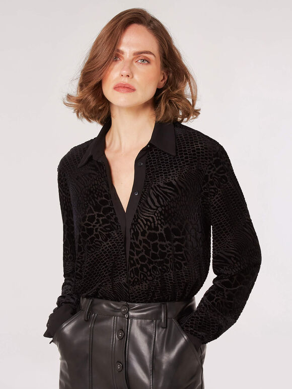 Animal Print Burnout Velvet Shirt, Black, large