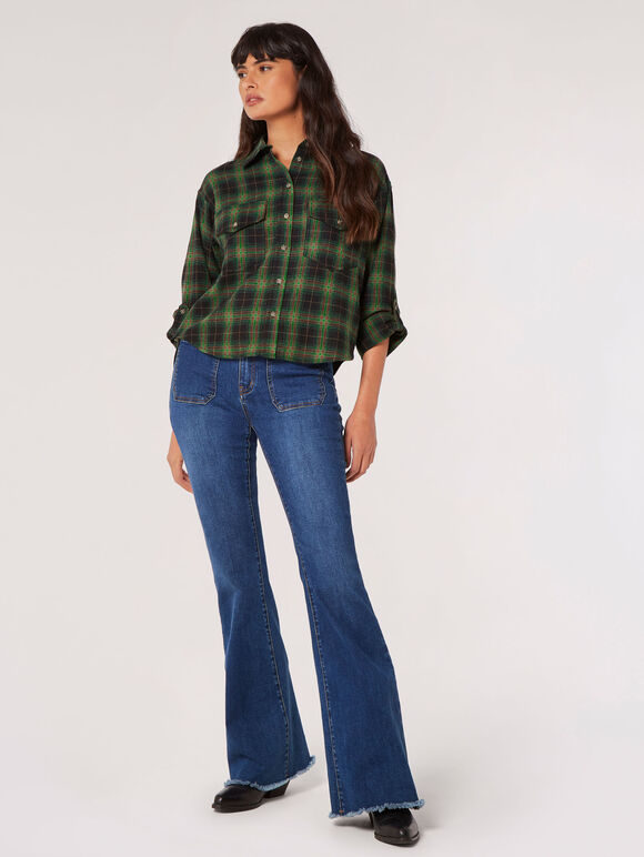 Check Print Cropped Shirt, Black, large