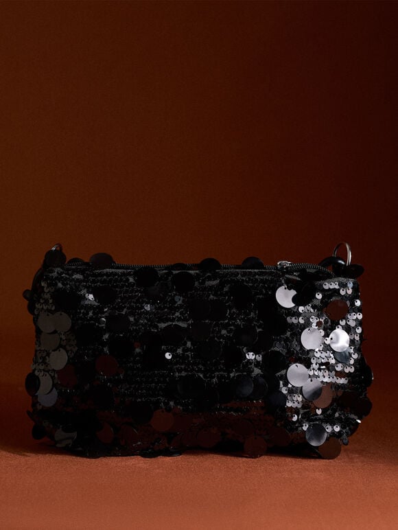 Sequinned Shoulder Bag, Black, large