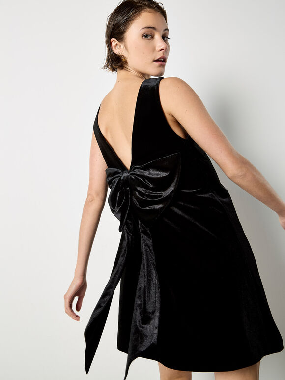 Velvet Bow Back Swing Dress, Black, large