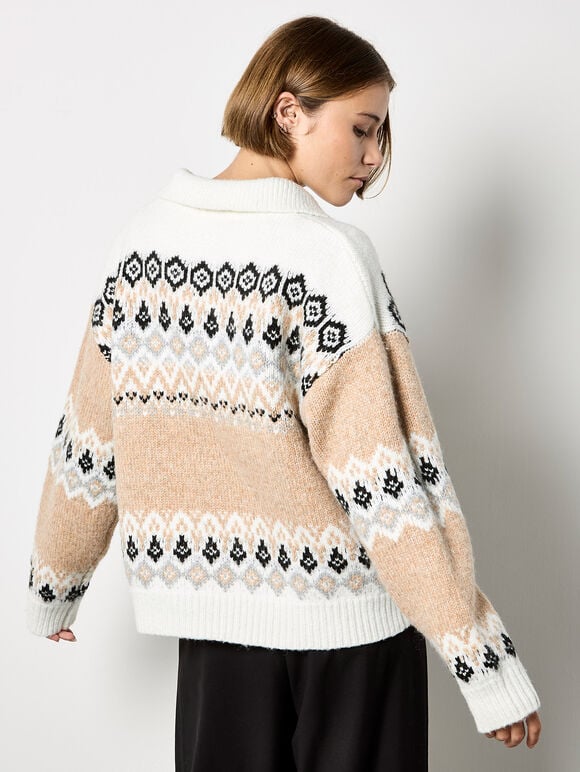 Open Collar Fair Isle Jumper, Stone, large