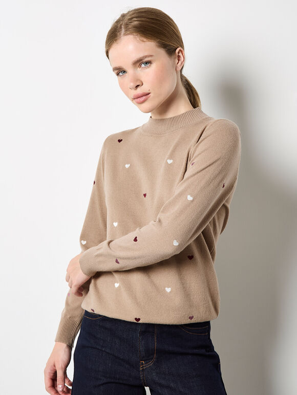 Embroidered Hearts Fine Knit Jumper, Stone, large