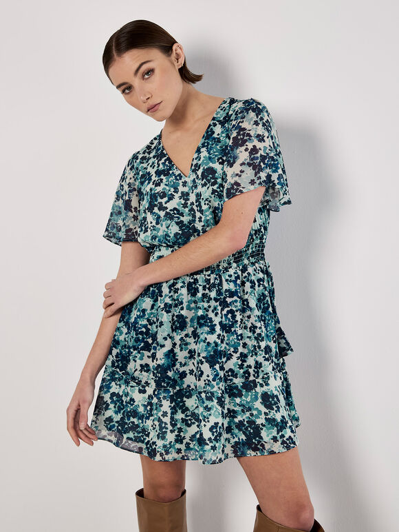 Blurred Floral Tiered Mini Dress, Blue, large