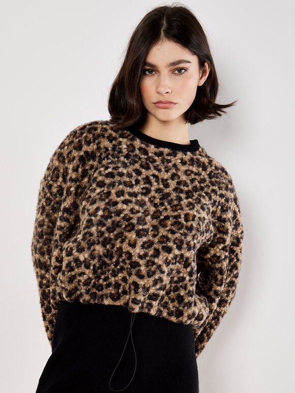 Leopard Boucle Jumper, Brown, large