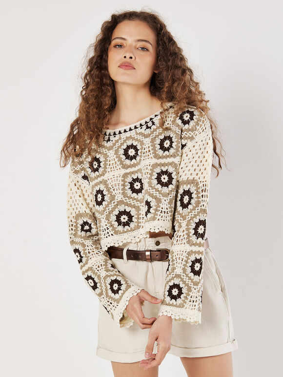 Crochet Pentagon Crop Top, Brown, large
