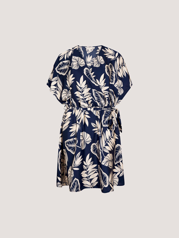 Tropical Leaf Print Satin Mini Dress, Navy, large