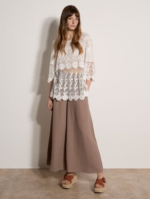 Embroidered Mesh Layered Top, White, large