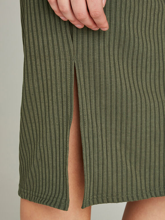 Ribbed Side Split Midi Dress, Khaki, large