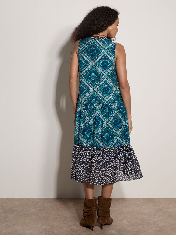 Geometric Patchwork Tiered Midi Dress, Teal, large