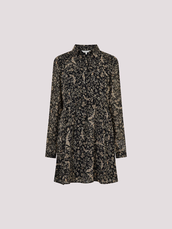 Illustrated Birds Empire Dress, Black, large