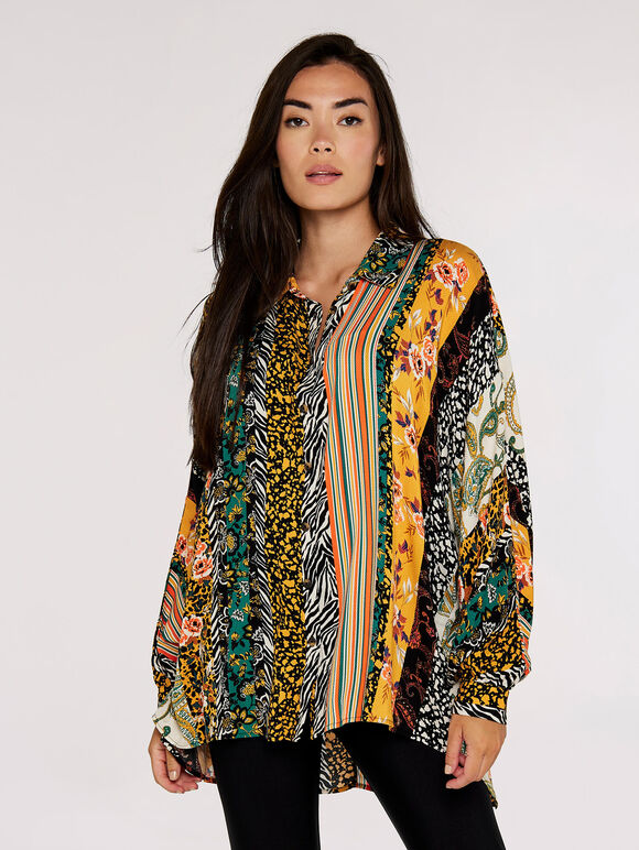 Patchwork Stripe Sleeve Shirt, Mustard, large