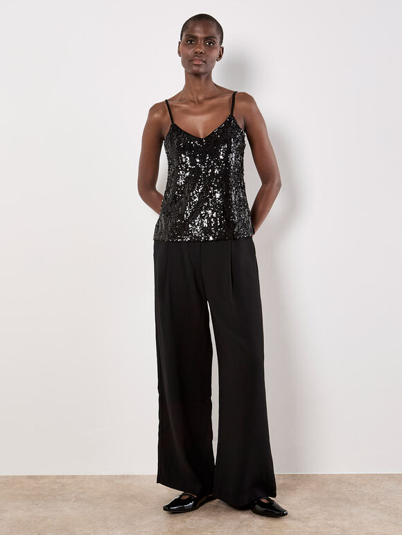 Sequin Embellished Camisole Top, Black, large