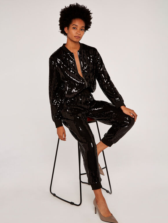 Sequin Bomber Jacket, Black, large