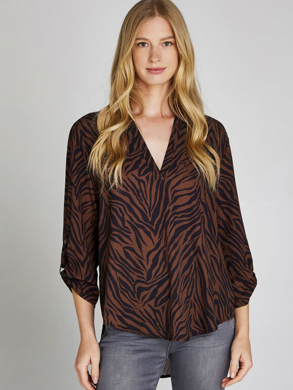 Zebra Print Open Neck Shirt, Rust, large