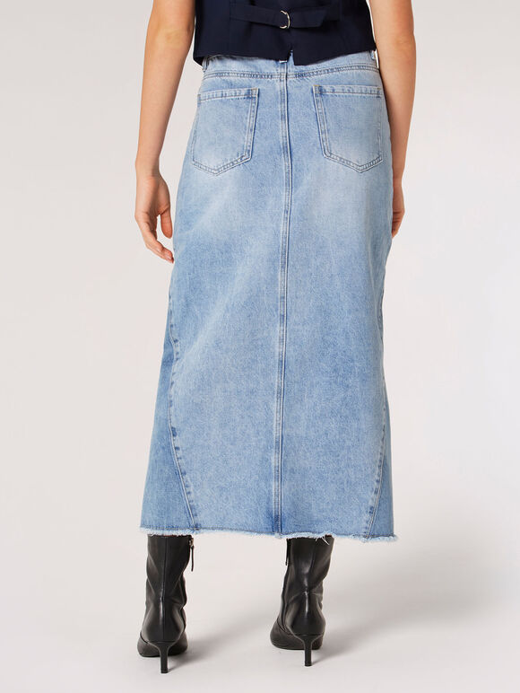Denim Godet Split Hem Midi Skirt, Blue, large