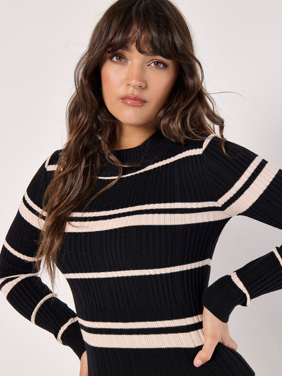 Stripe Ribbed Knit Mini Dress, Black, large