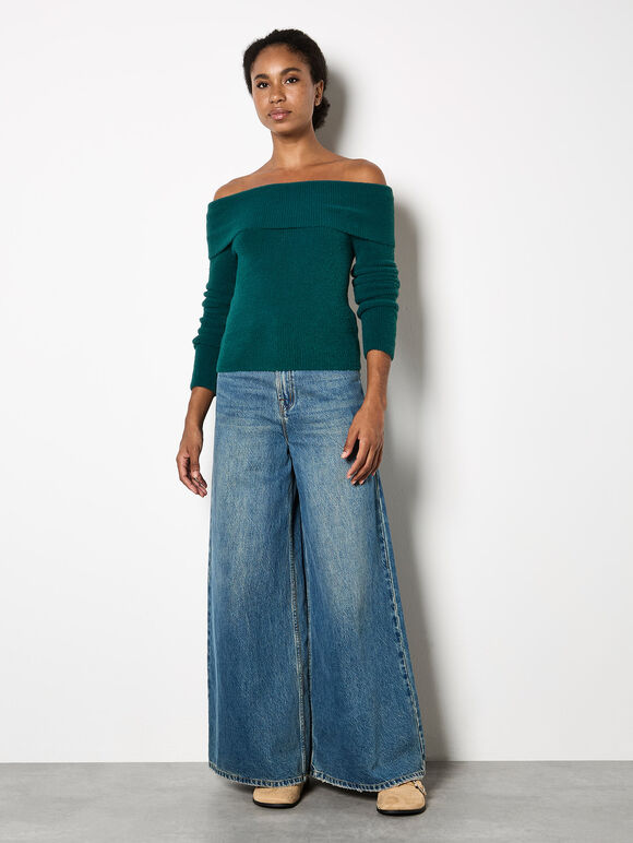 Fluffy Bardot Jumper, Green, large