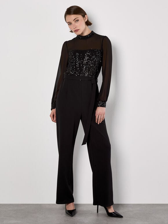 Sequin Bodice Jumpsuit, Black, large