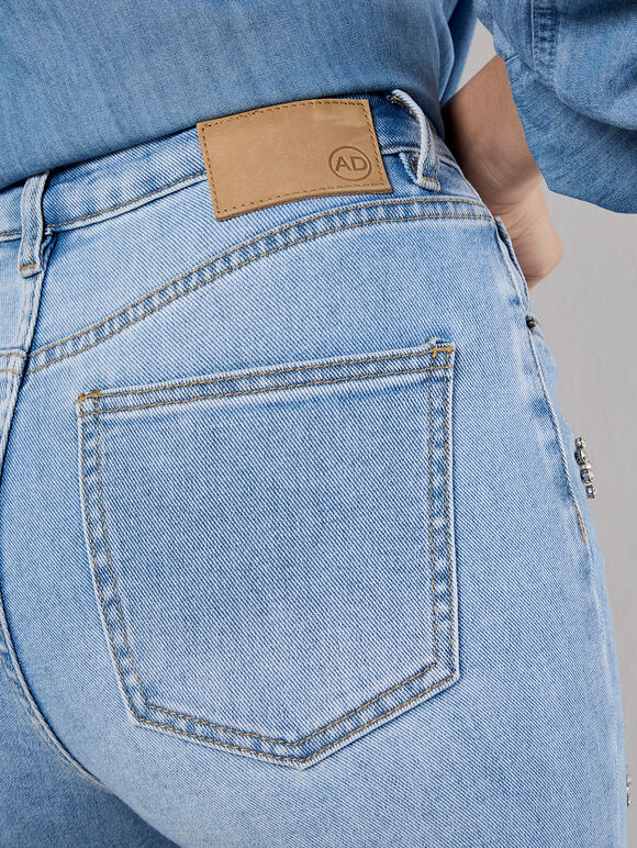 Slim Fit Rhinestone Pearl Jeans, Blue, large