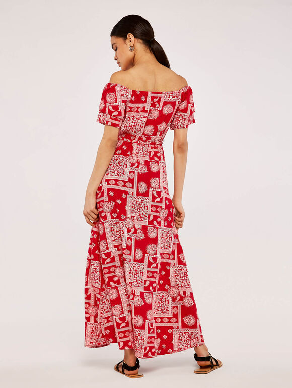 Patchwork Bardot Dress, Red, large