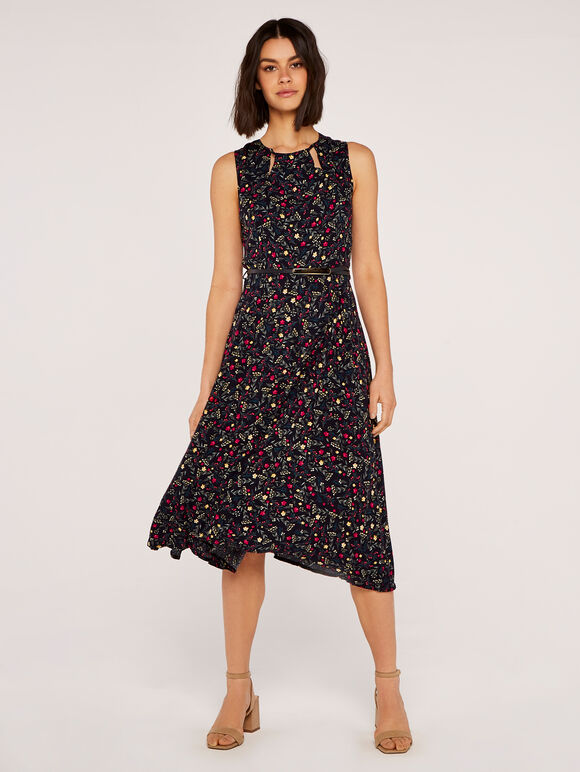 Ditsy Midi Cut Out Nk Belted Dress, Navy, large