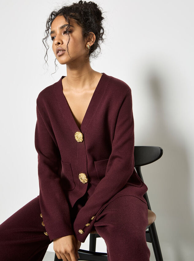 Statement Hammered Buttons Lightweight Cardigan, Burgundy, large