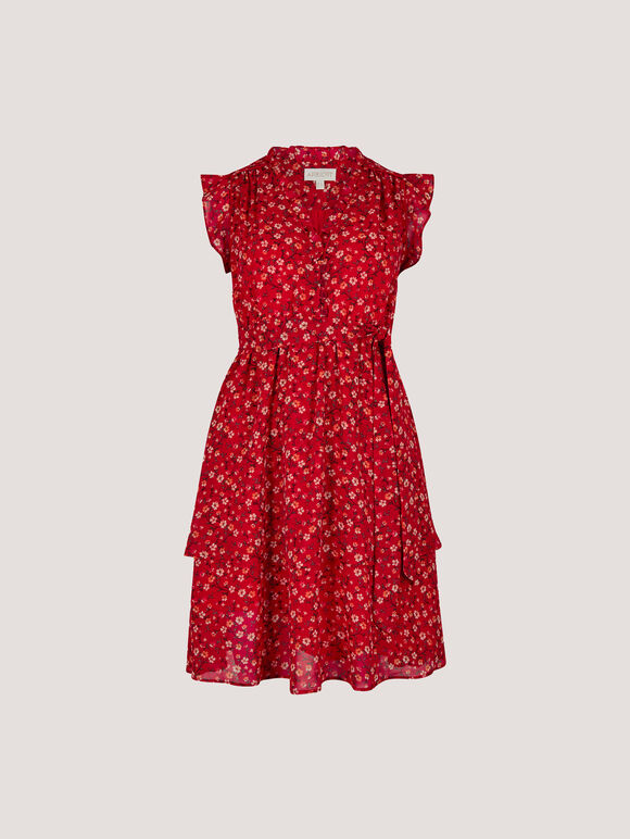 Ditsy Floral Chiffon Mini Dress, Red, large