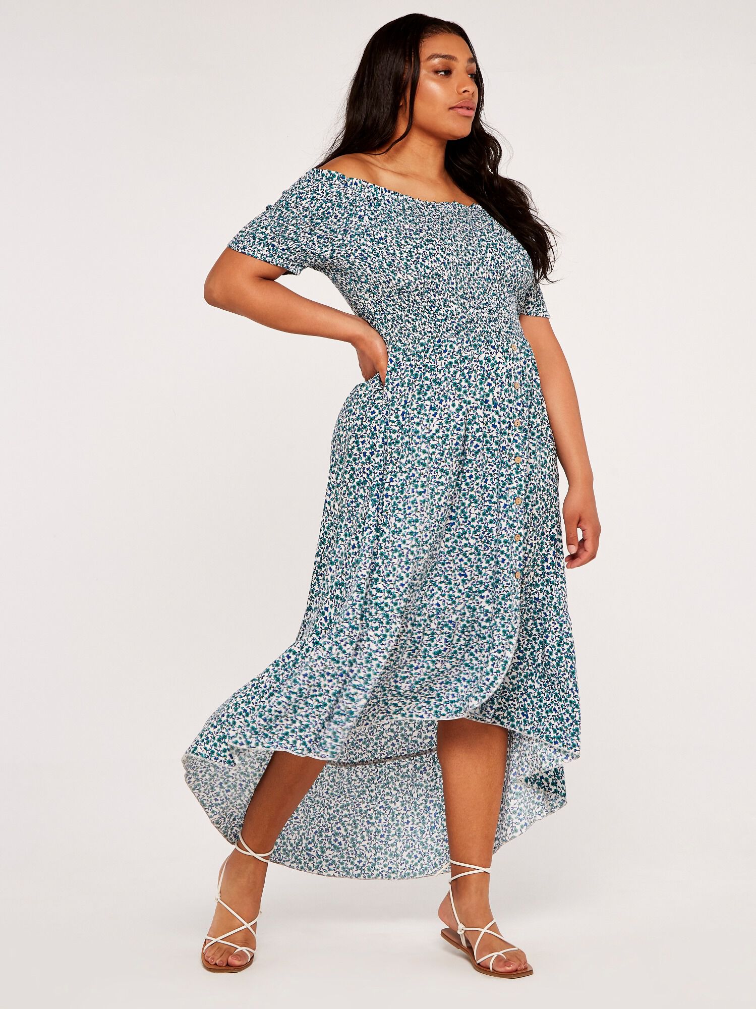 Curve Vintage Ditsy Smock Bardot Dress Apricot Clothing