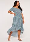 Curve Vintage Ditsy Smock Bardot Dress, Aqua - Turquoise, large