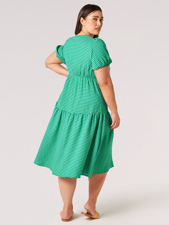 Curve Gingham Tiered Wrap Midi Dress, Green, large