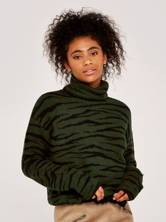 Zebra Drawstring Roll Neck Jumper, Green, large