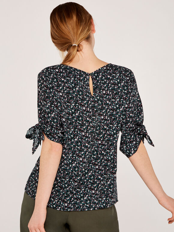 Ditsy Floral Tie Sleeve Top, Green, large