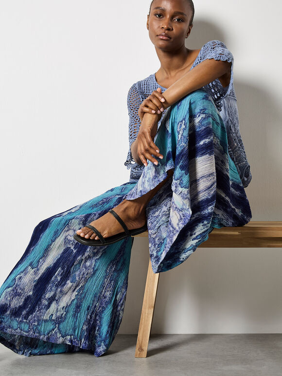 Tie Dye Crinkle Palazzo Trousers, Navy, large