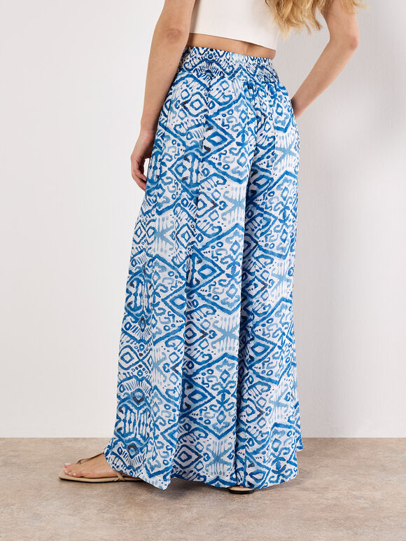 Lightweight Ikat Palazzo Trousers, Blue, large