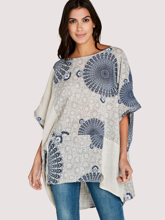 Stone Spirograph Panelled Slub Top, Stone - Beige, large