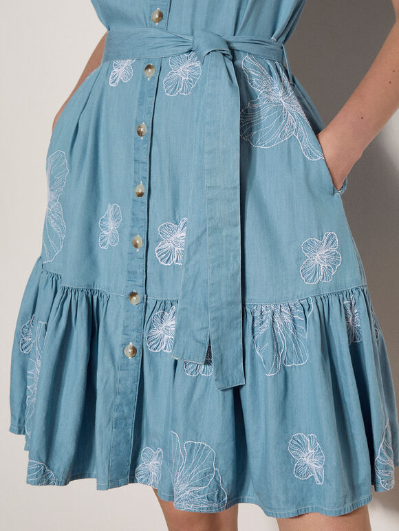 Crochet Detail Denim Shift Mini Dress, Blue, large