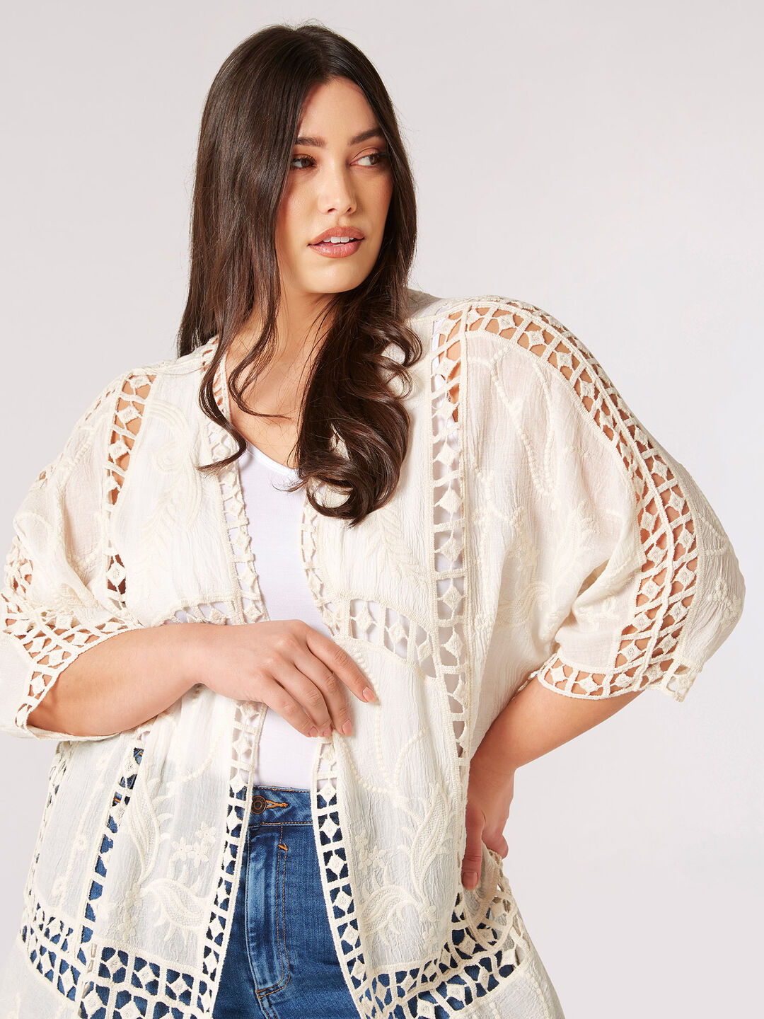 Image of Curve Embroidered Longline Kimono