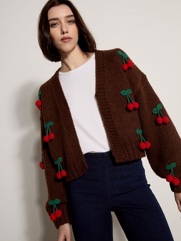 Chunky Knit Cherry Cardigan, Brown, large