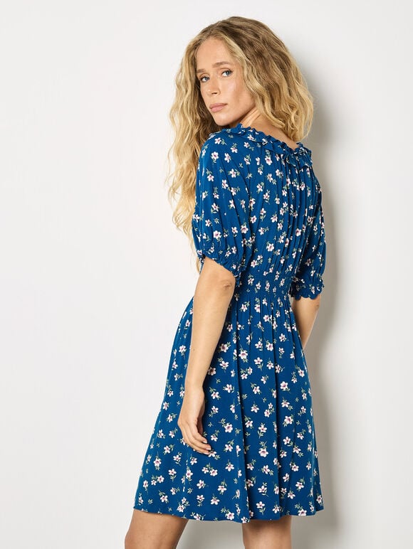 Floral Ruffle Milkmaid Mini Dress, Blue, large