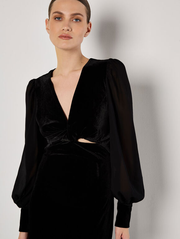 Velvet Twist Bodice Midi Dress, Black, large