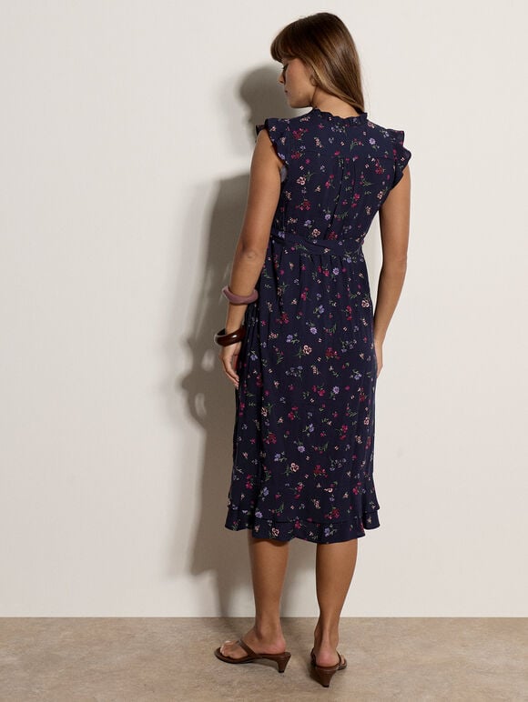 Ditsy Floral Ruffle Midi Dress, Navy, large