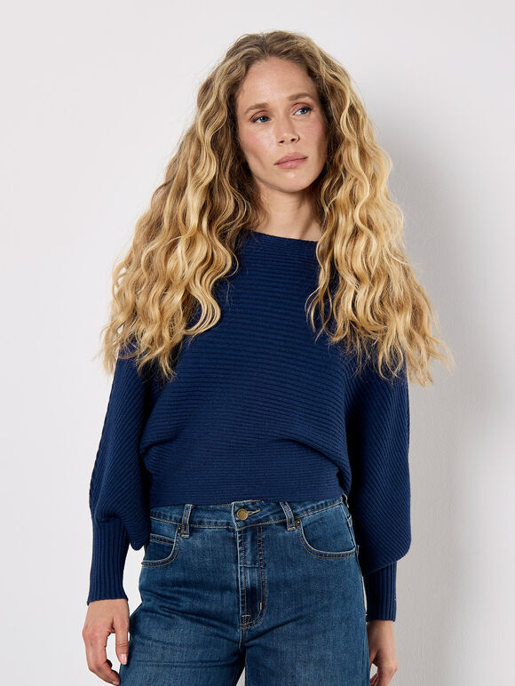 Batwing Ribbed Knit Crop Jumper, Blue, large