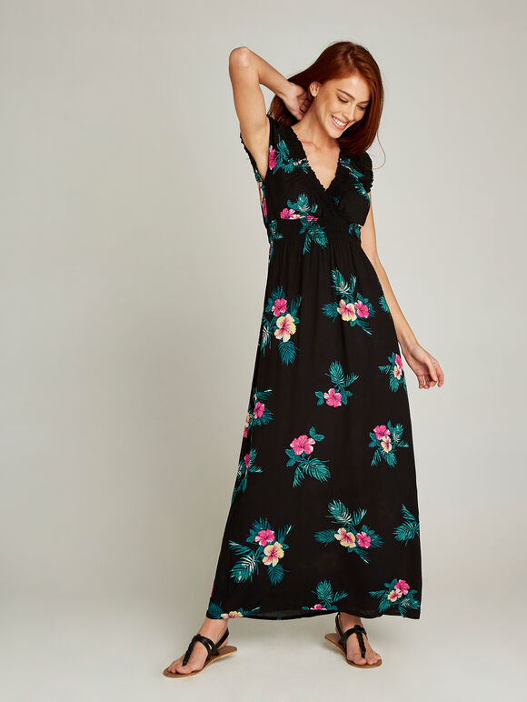Fuchsia Tropical Smock Maxi Dress, Fuchsia, large
