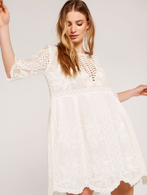 Embroidered Dress, Cream, large