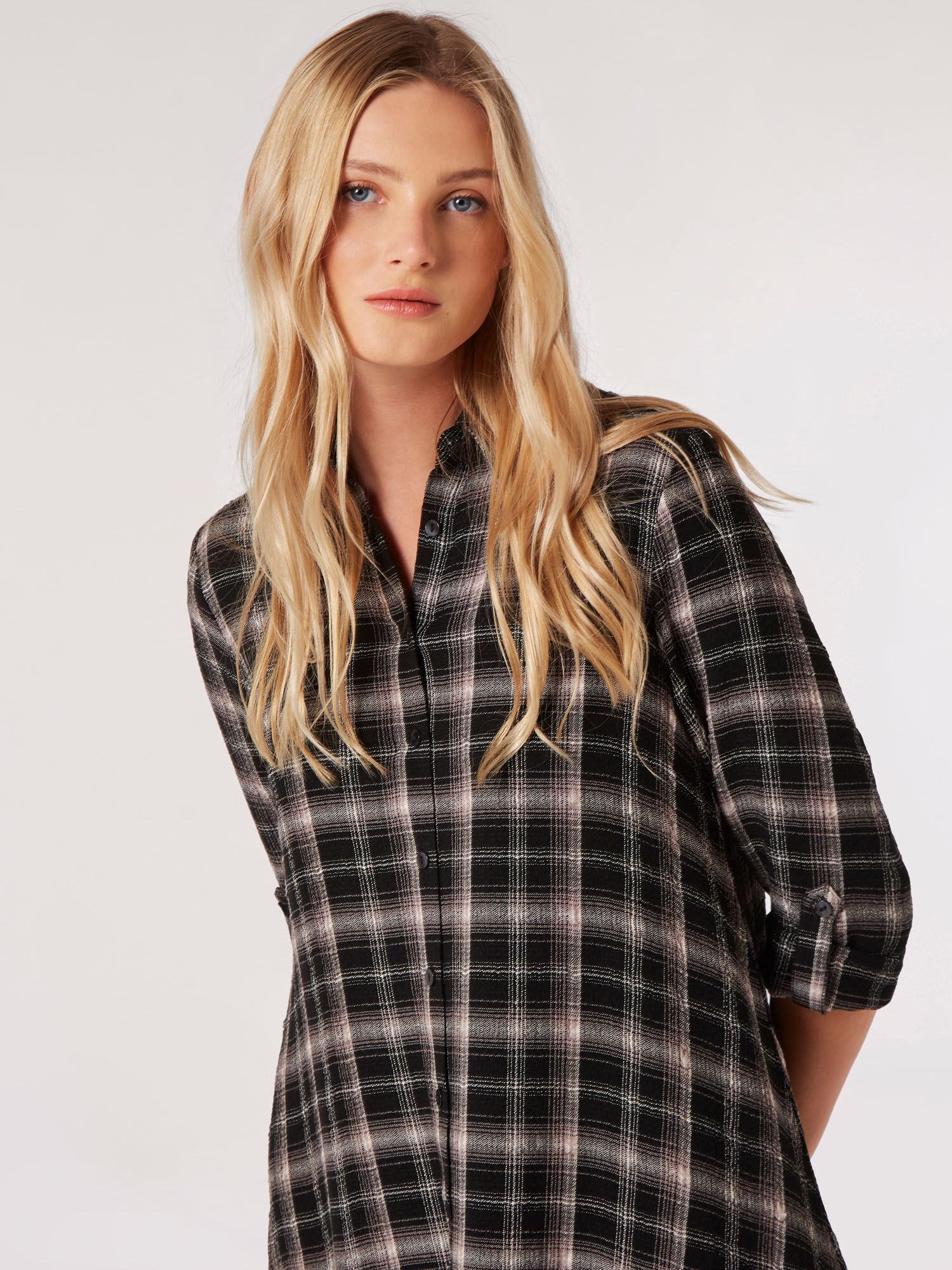 Checked Shirt Mini Dress Apricot Clothing