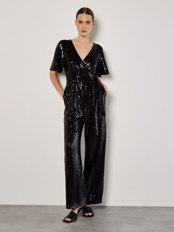 Sequin Wrap Jumpsuit, Black, large