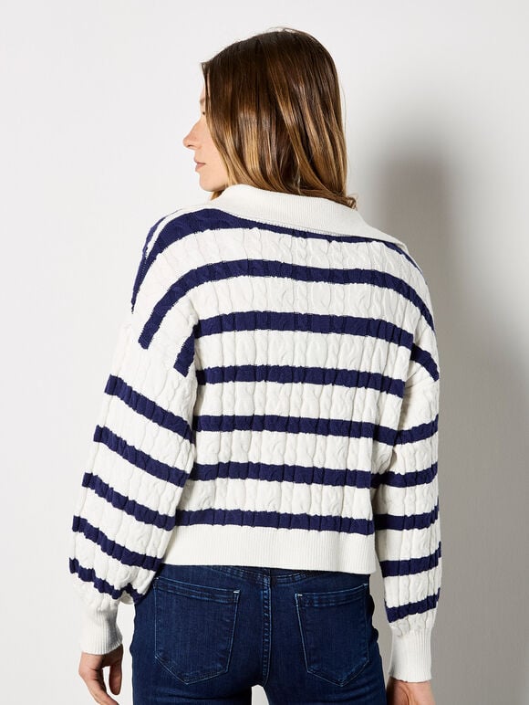 Stripe Cable Knit Jumper, White, large