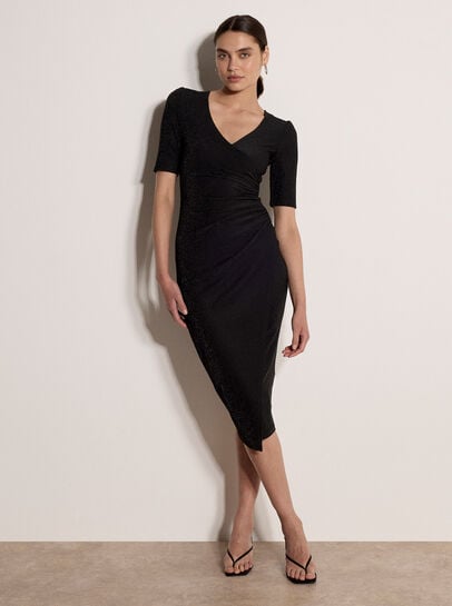 Metallic Wrap Ruched Midi Dress