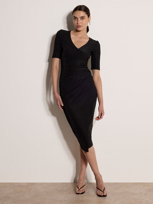 Metallic Wrap Ruched Midi Dress, Black, large